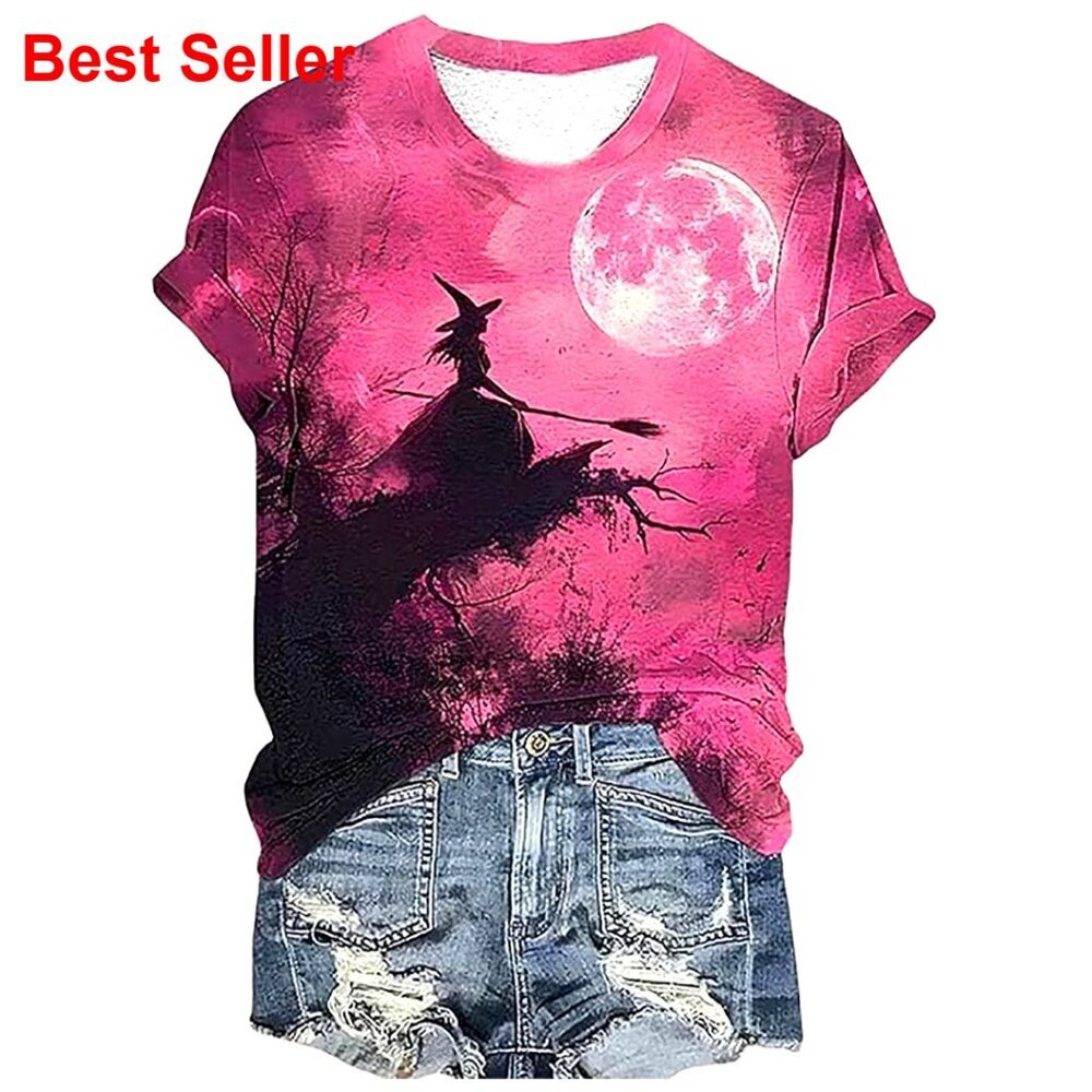 Vintage Graphic Tee Short Sleeve T-Shirt Women's Halloween Witch Party Top